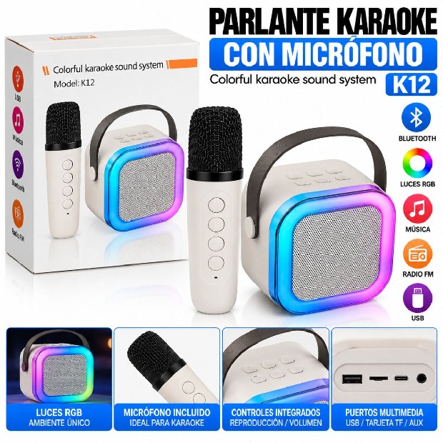&ua PARLANTE BT + MICROFONO MEGAFONO KARAOKE K12 ( )